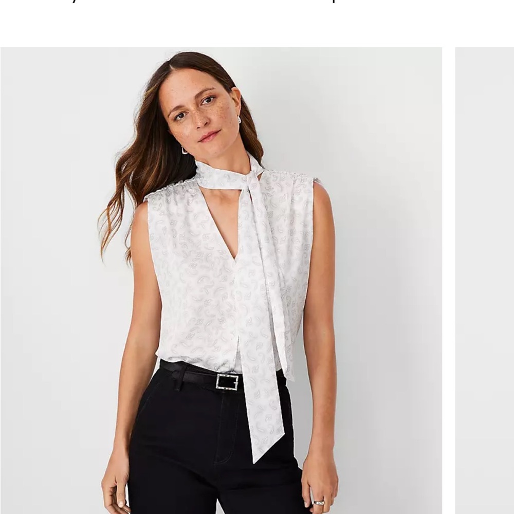 Ann Taylor White Sleeveless Blouse with Scarf Detail